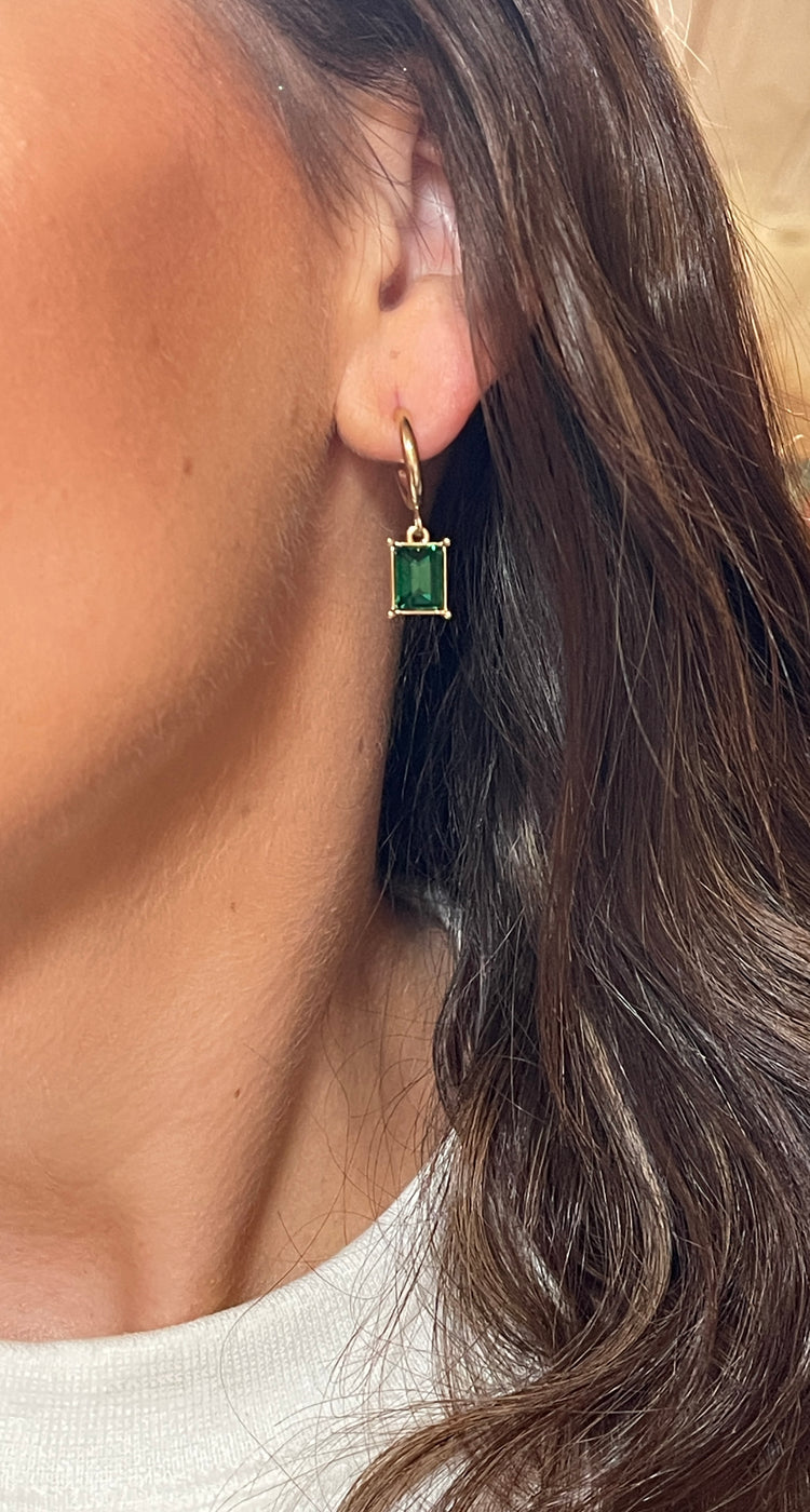 Stone Drop Hoop Earrings- Green