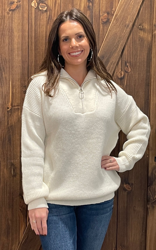 Half Zip-Up Sweater- Cream