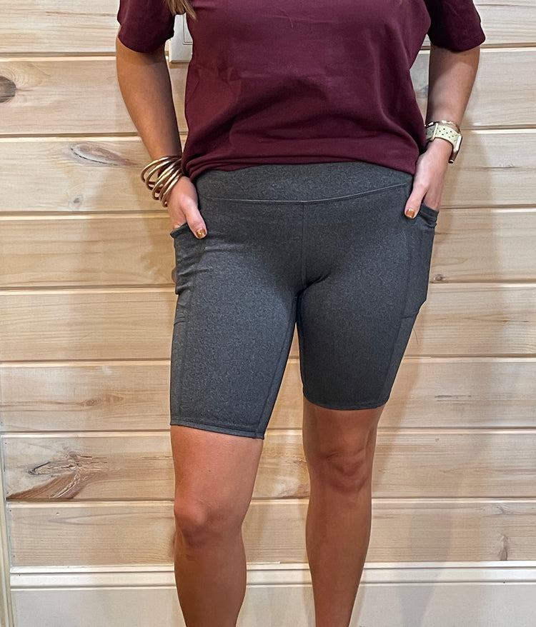 Tapered Band Essential Biker Shorts- Heather Grey