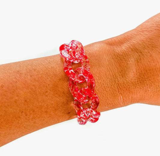 Chunky Chain Link Bracelet- Clear Red Speckle