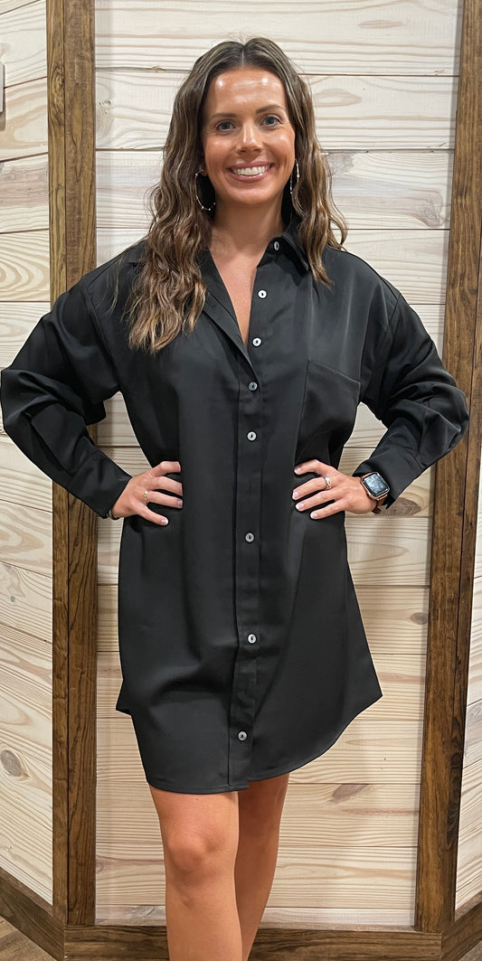 Here We Go Button Up Dress- Black