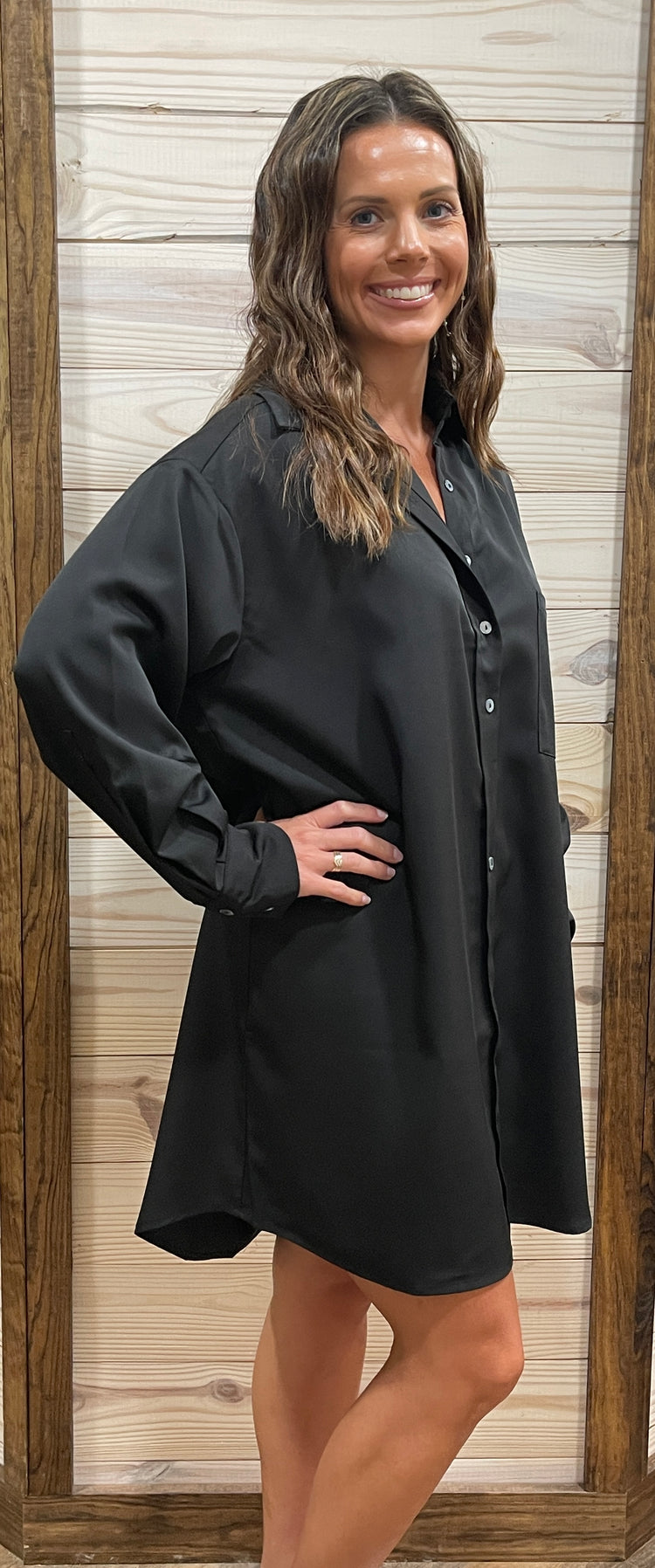 Here We Go Button Up Dress- Black