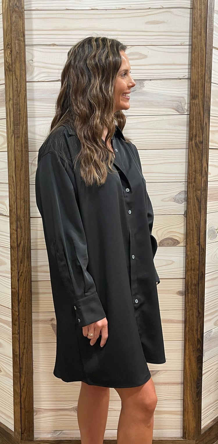 Here We Go Button Up Dress- Black