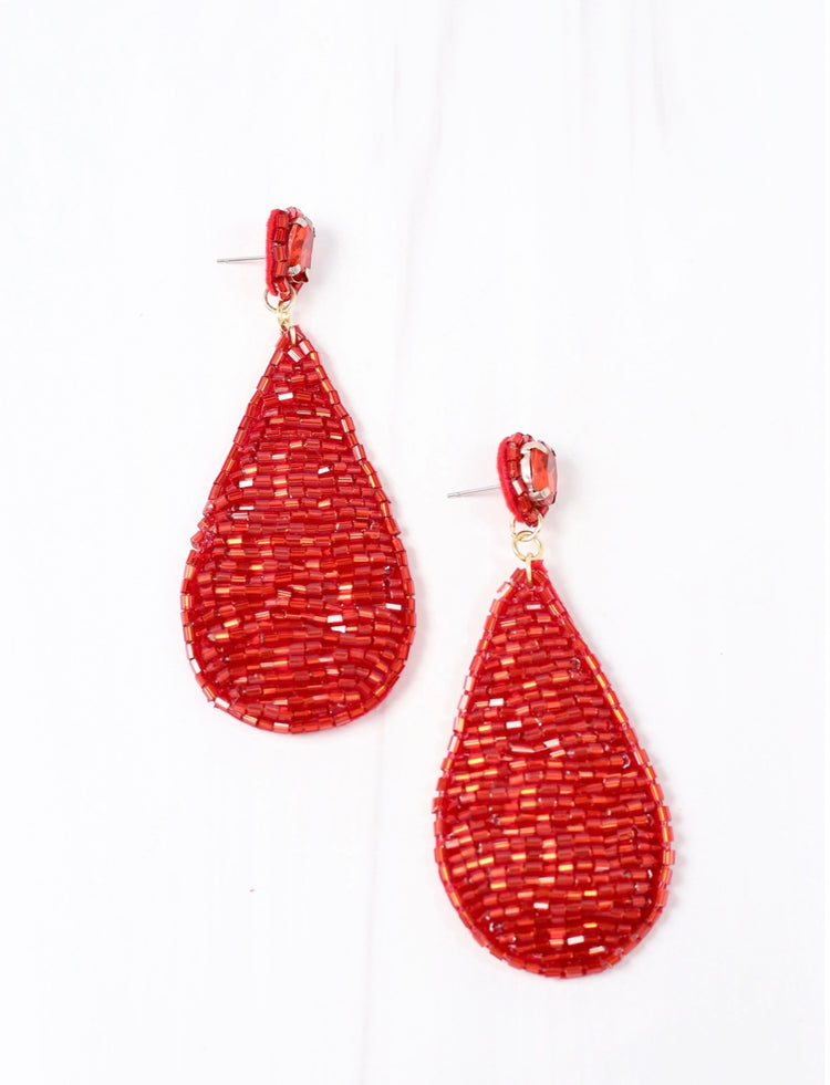 Holiday Beaded Drop Earrings- Red