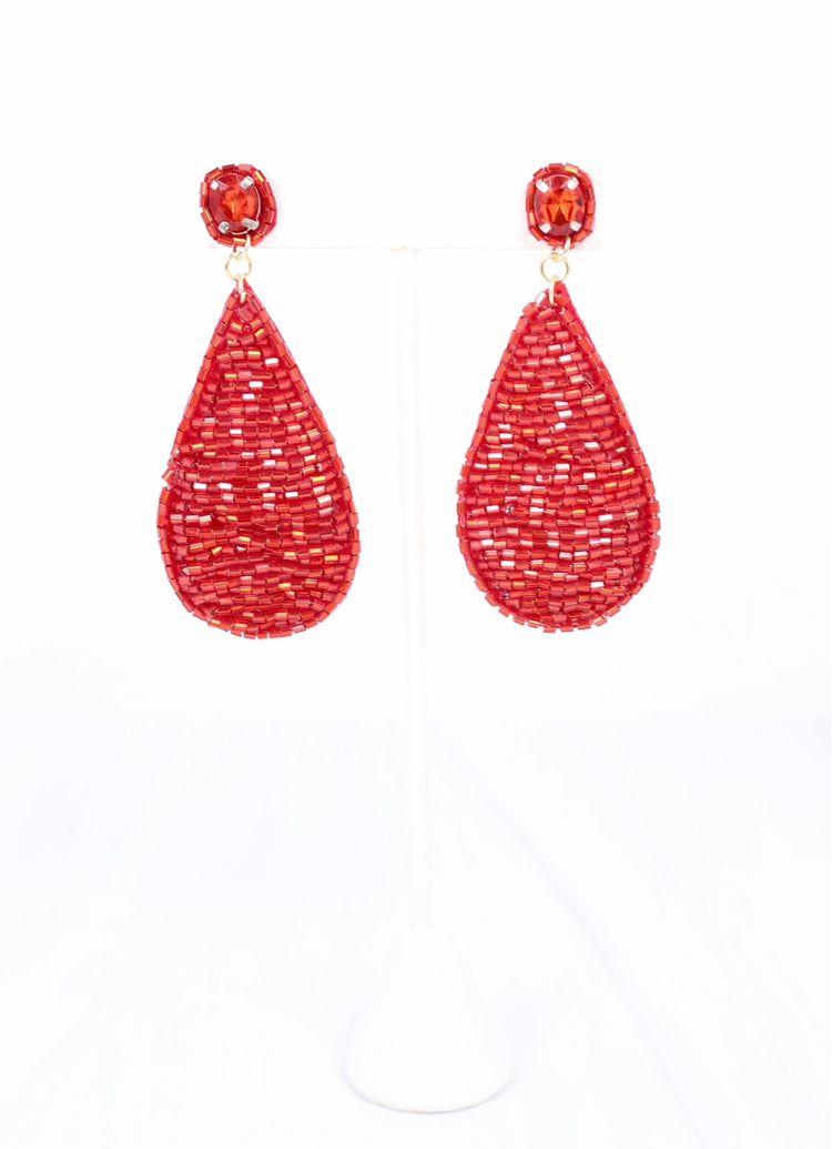 Holiday Beaded Drop Earrings- Red