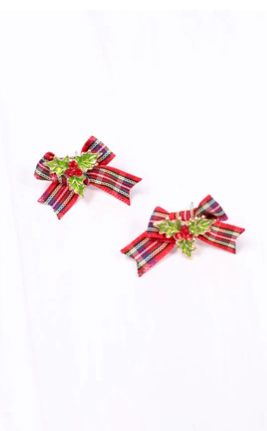 Perfectly Plaid Bow Earrings- Red