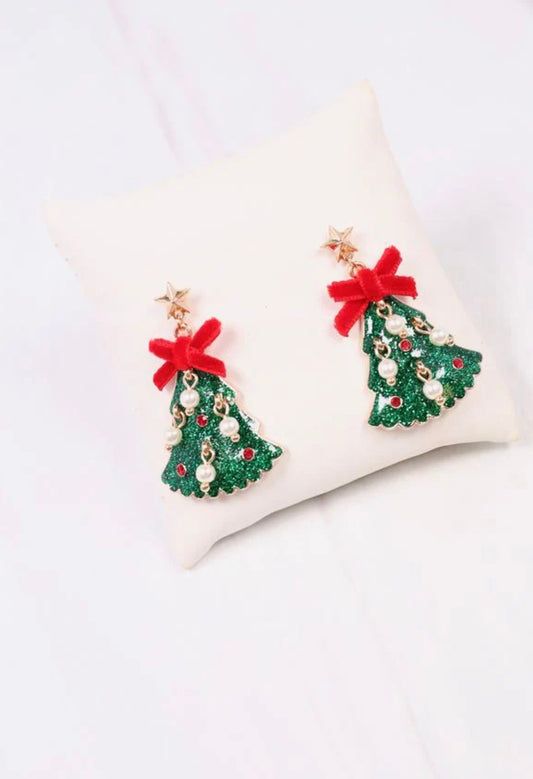 Christmas Tree Earrings: Bows + Pearls- Green