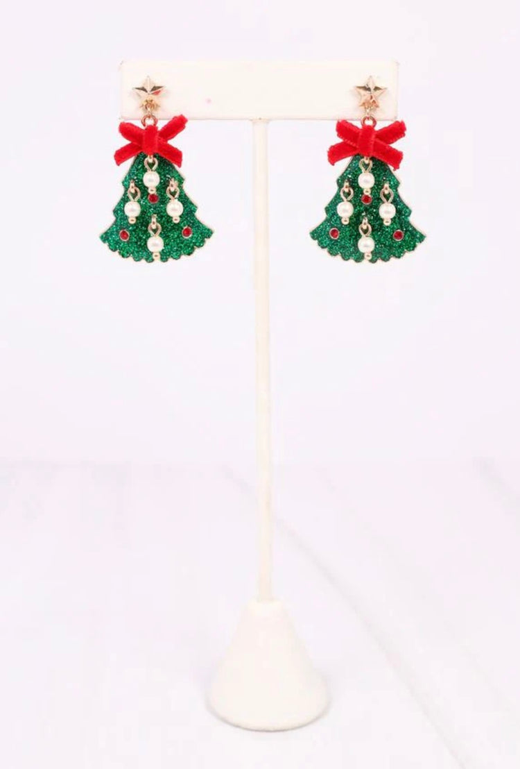 Christmas Tree Earrings: Bows + Pearls- Green