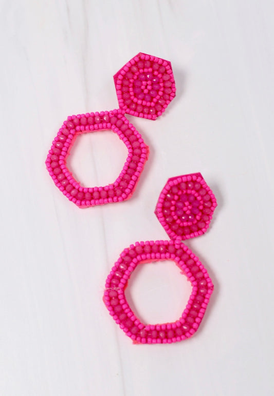 Bright Days Beaded Earrings- Hot Pink