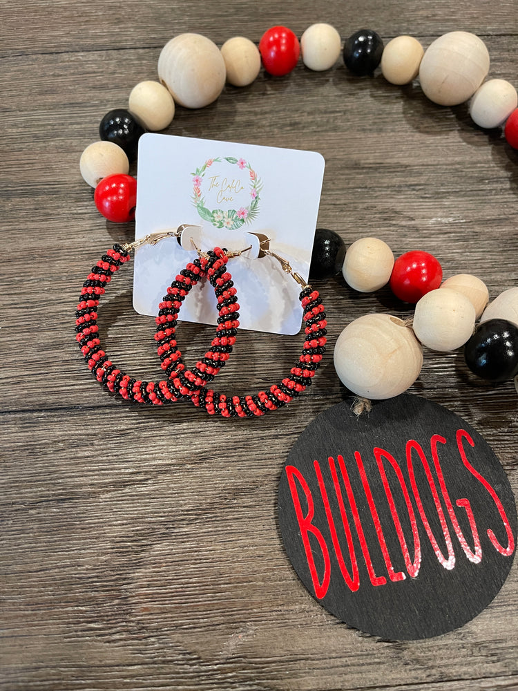 Red & Black Beaded Hoop Earrings