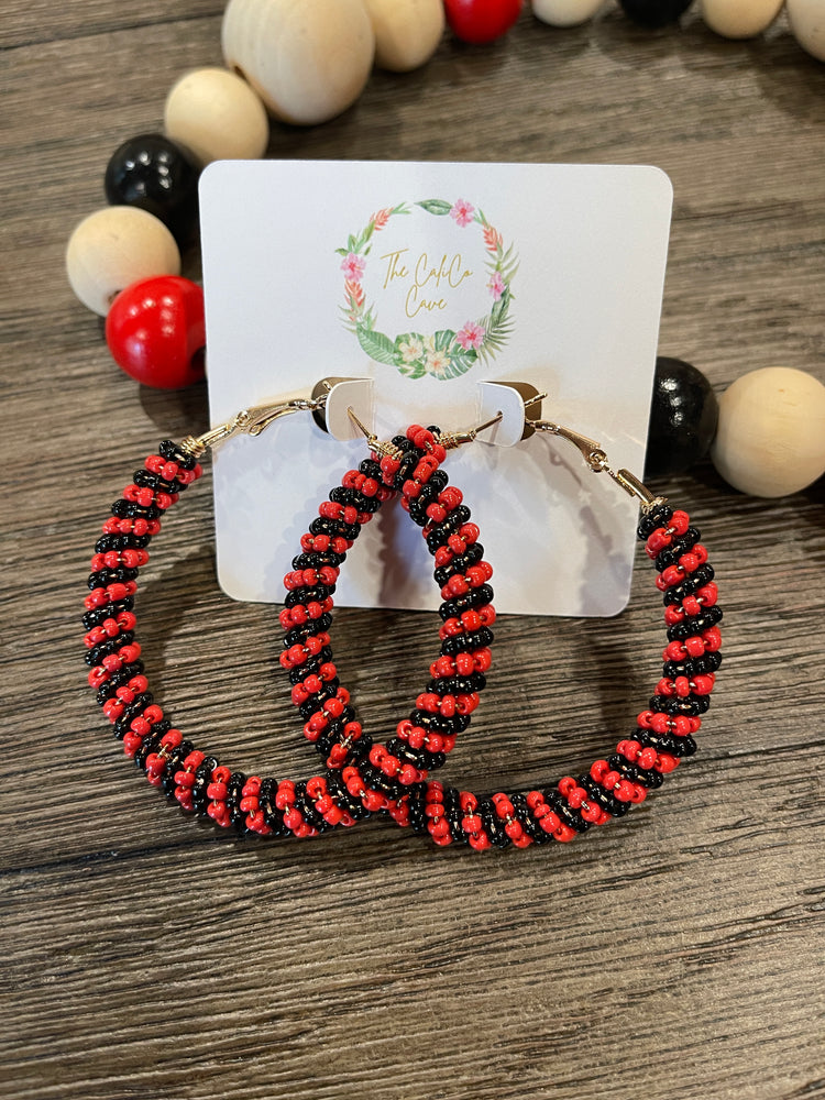 Red & Black Beaded Hoop Earrings