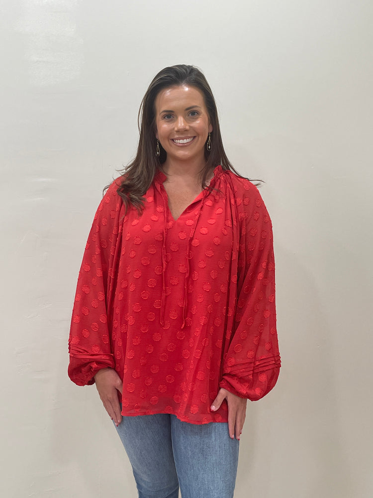 Swiss Dot Long Bubble Sleeves Top- Red