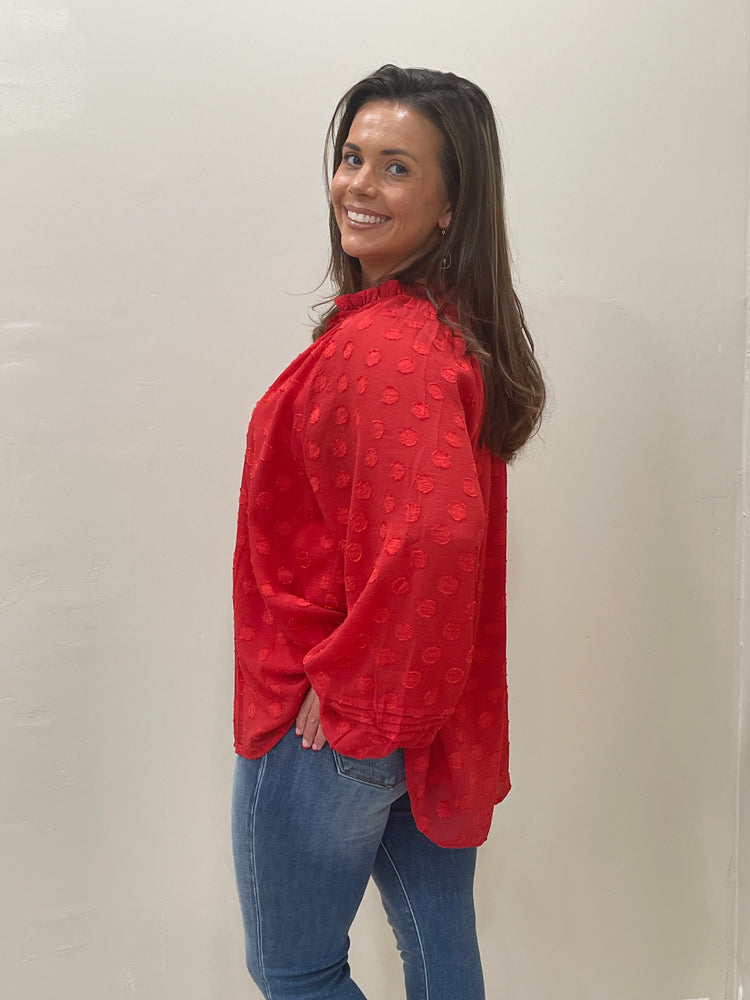 Swiss Dot Long Bubble Sleeves Top- Red