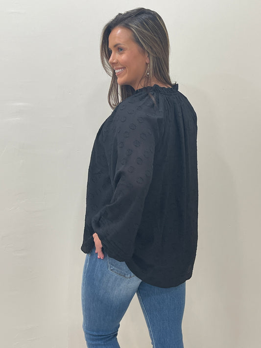 Swiss Dot Long Bubble Sleeves Top- Black