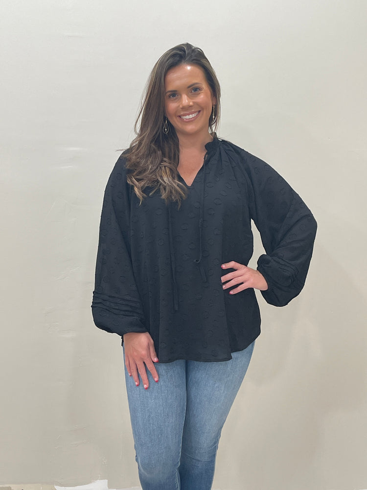 Swiss Dot Long Bubble Sleeves Top- Black