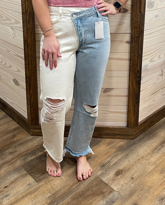 High Rise Crop Straight Jeans w/ Criss Cross Waistband