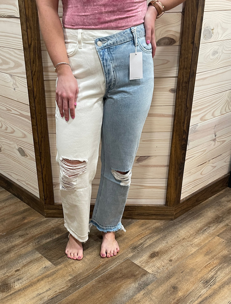 High Rise Crop Straight Jeans w/ Criss Cross Waistband