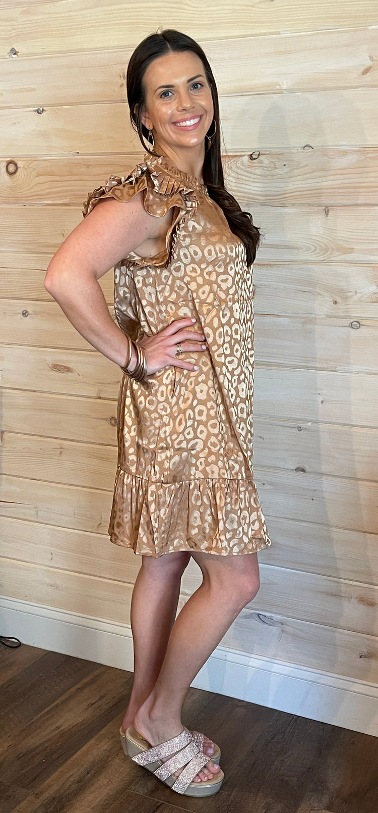 Satin Leopard Print Dress- Taupe