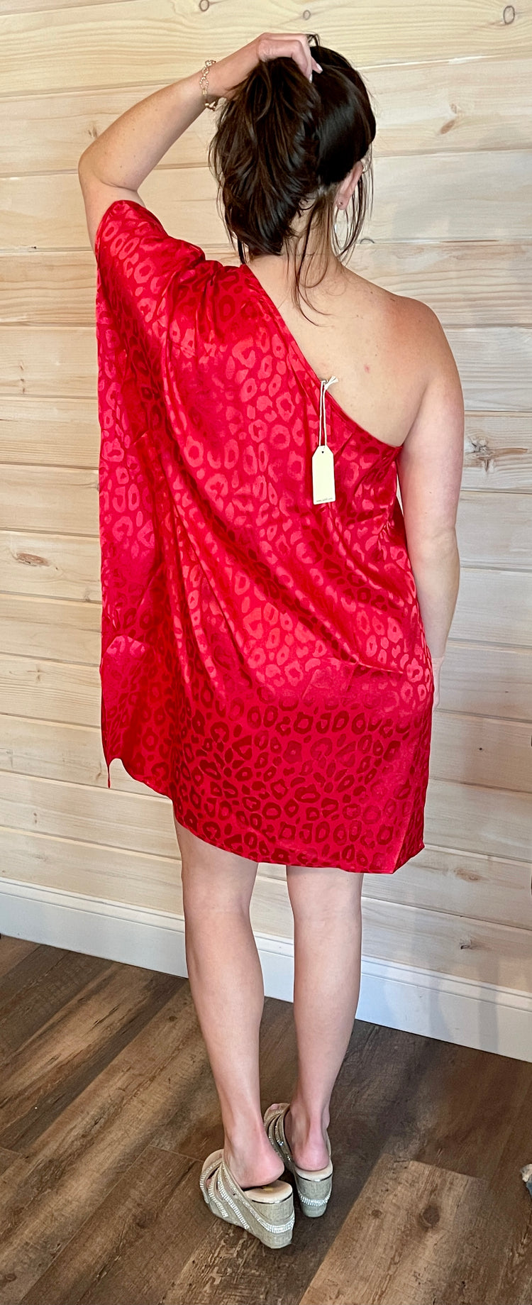 Satin Leopard Print One Shoulder Dress- Tomato Red