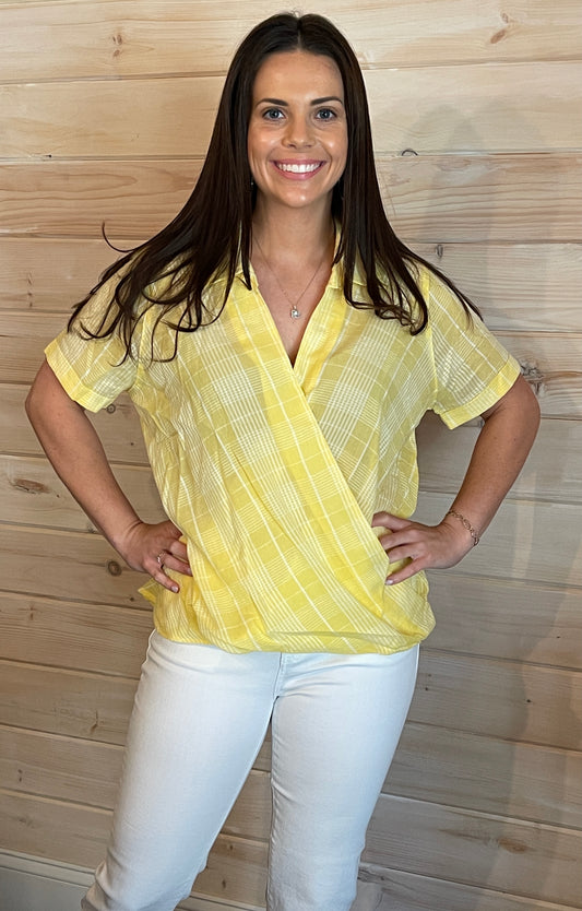 Lemon Plaid Crossover Top