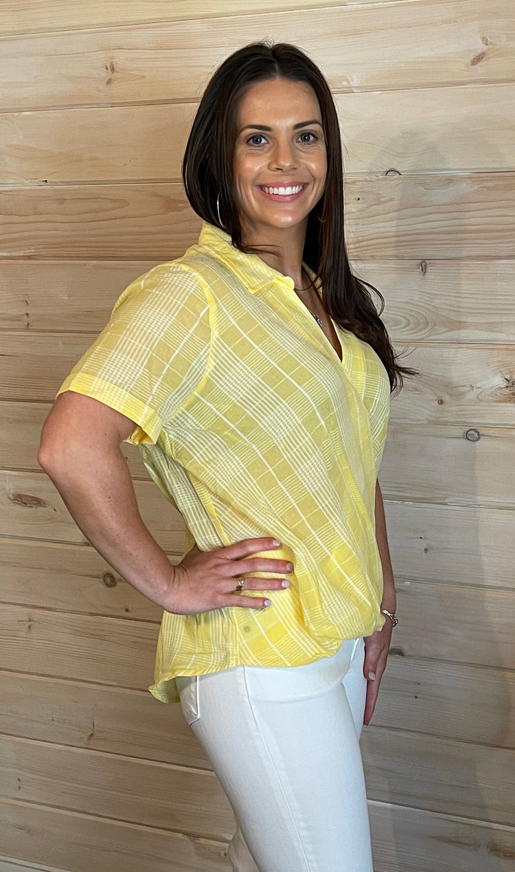 Lemon Plaid Crossover Top