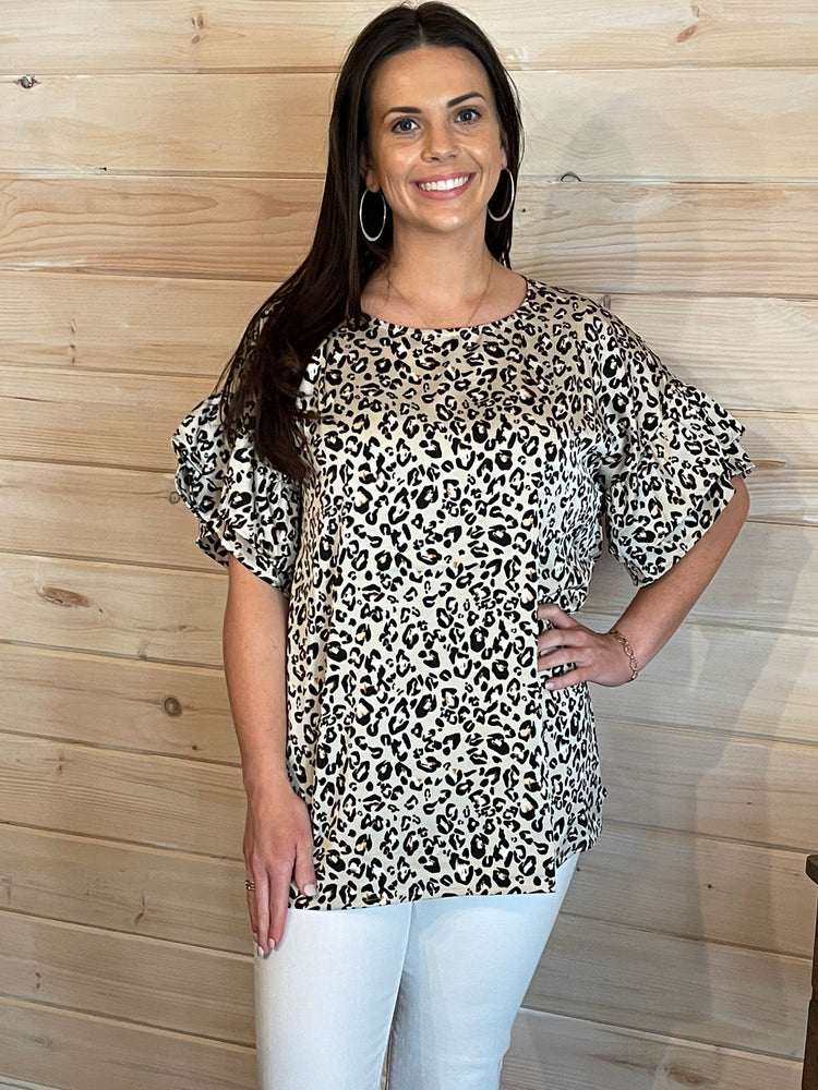 Satin Leopard Trumpet Sleeves Top- Ivory