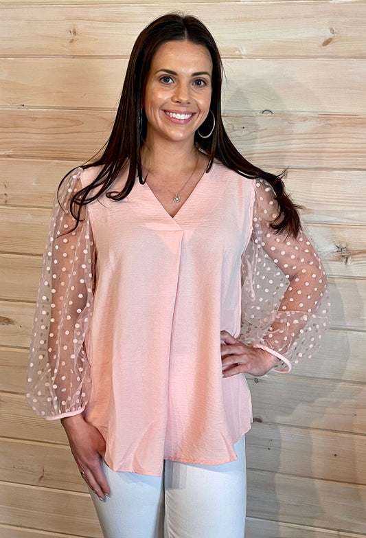 Polka Dot Mesh Sleeves Top- Blush