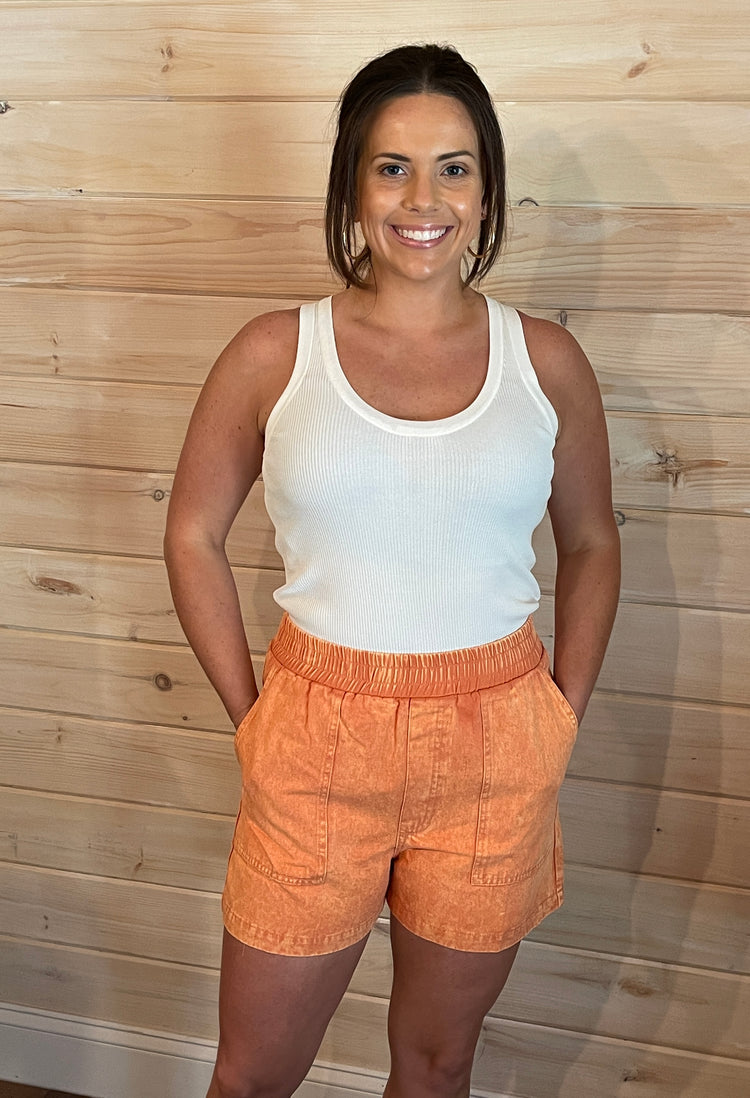 Orange Elastic Waist Shorts