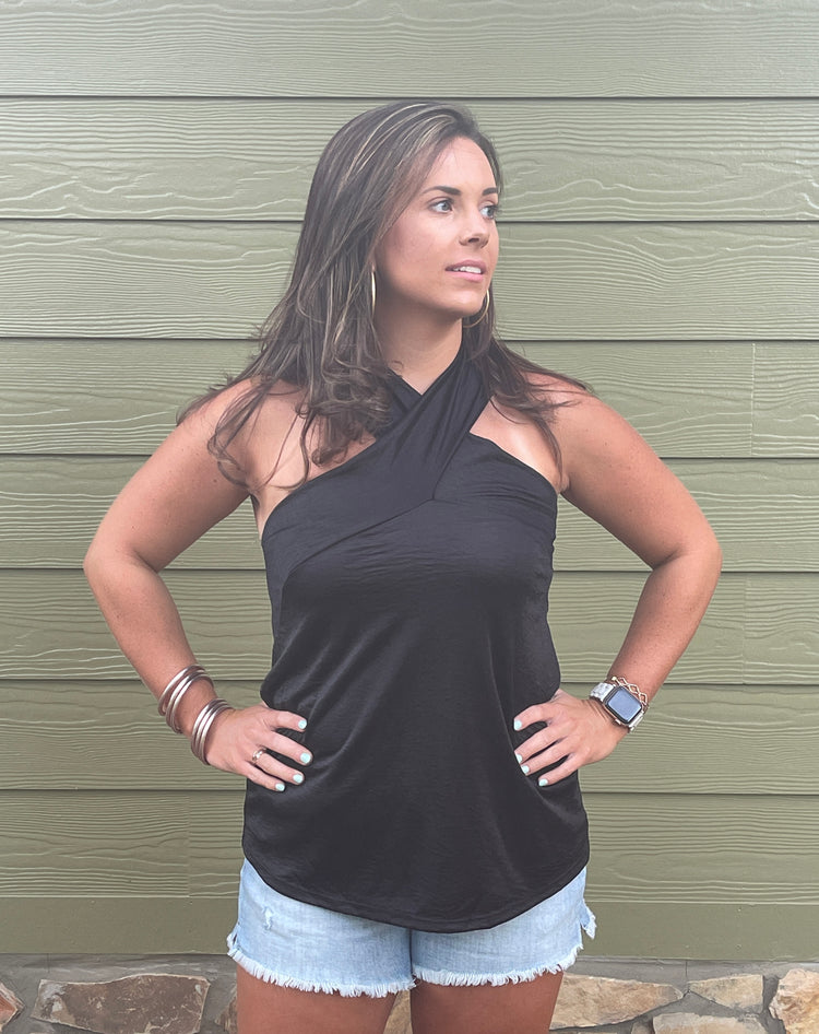 Criss Cross Satin Top- Black