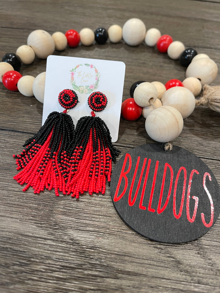 Red & Black Beaded Tassel Earrings