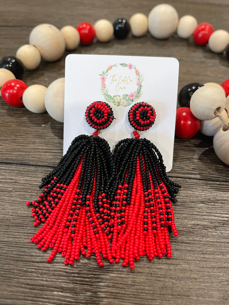 Red & Black Beaded Tassel Earrings