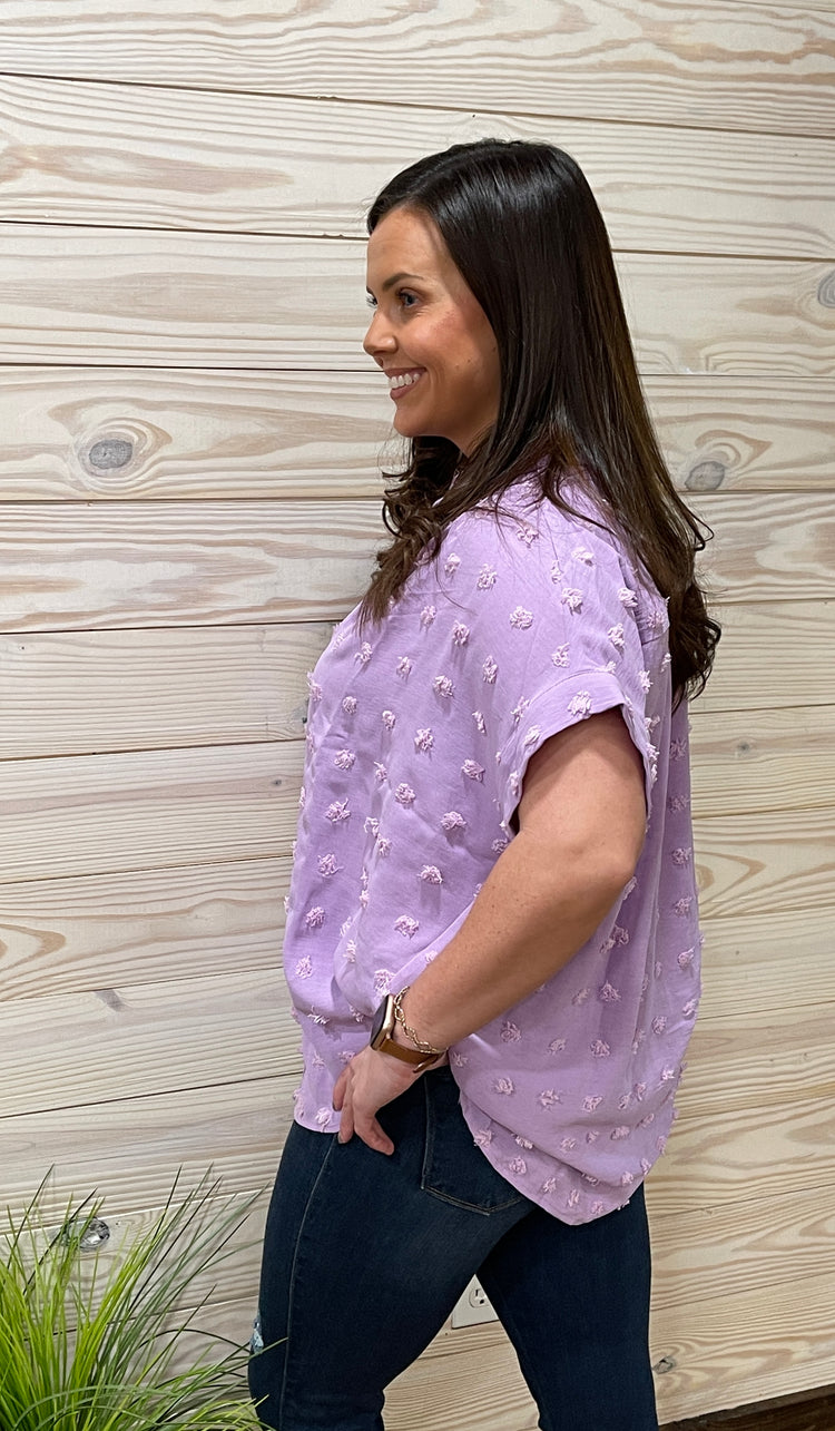 Swiss Dot Button Up Top- Lilac