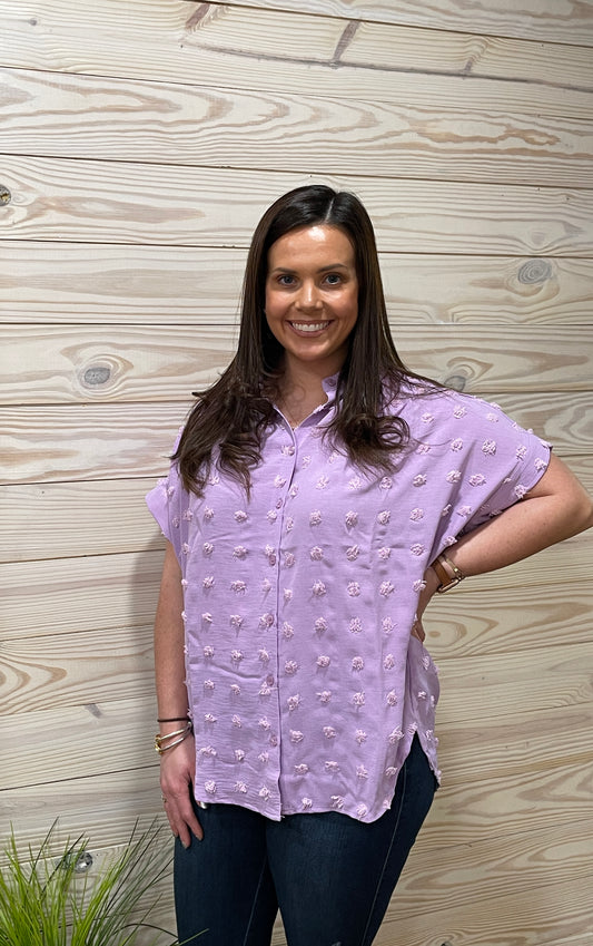 Swiss Dot Button Up Top- Lilac